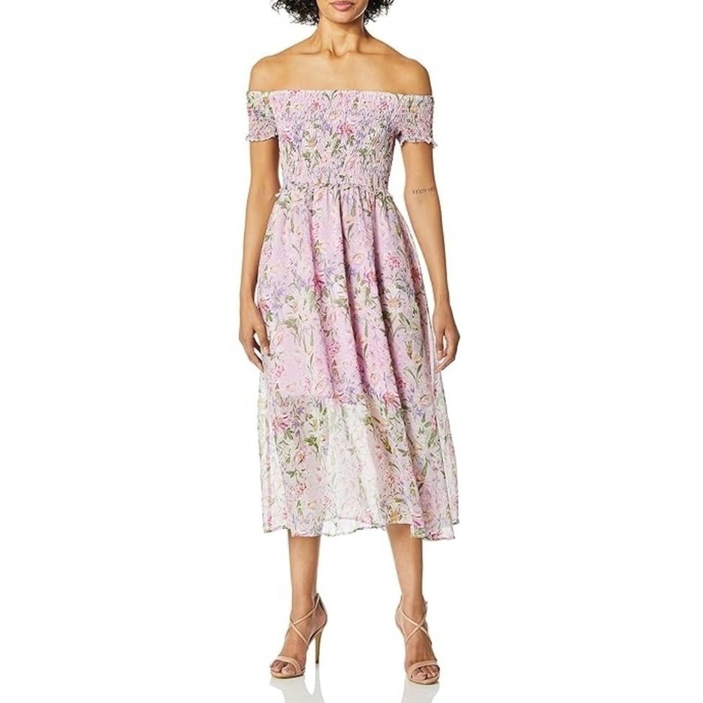 Sam Edelman Floral Off Shoulder Midi Dress Size 8 Pink Smocked Feminine Cottage